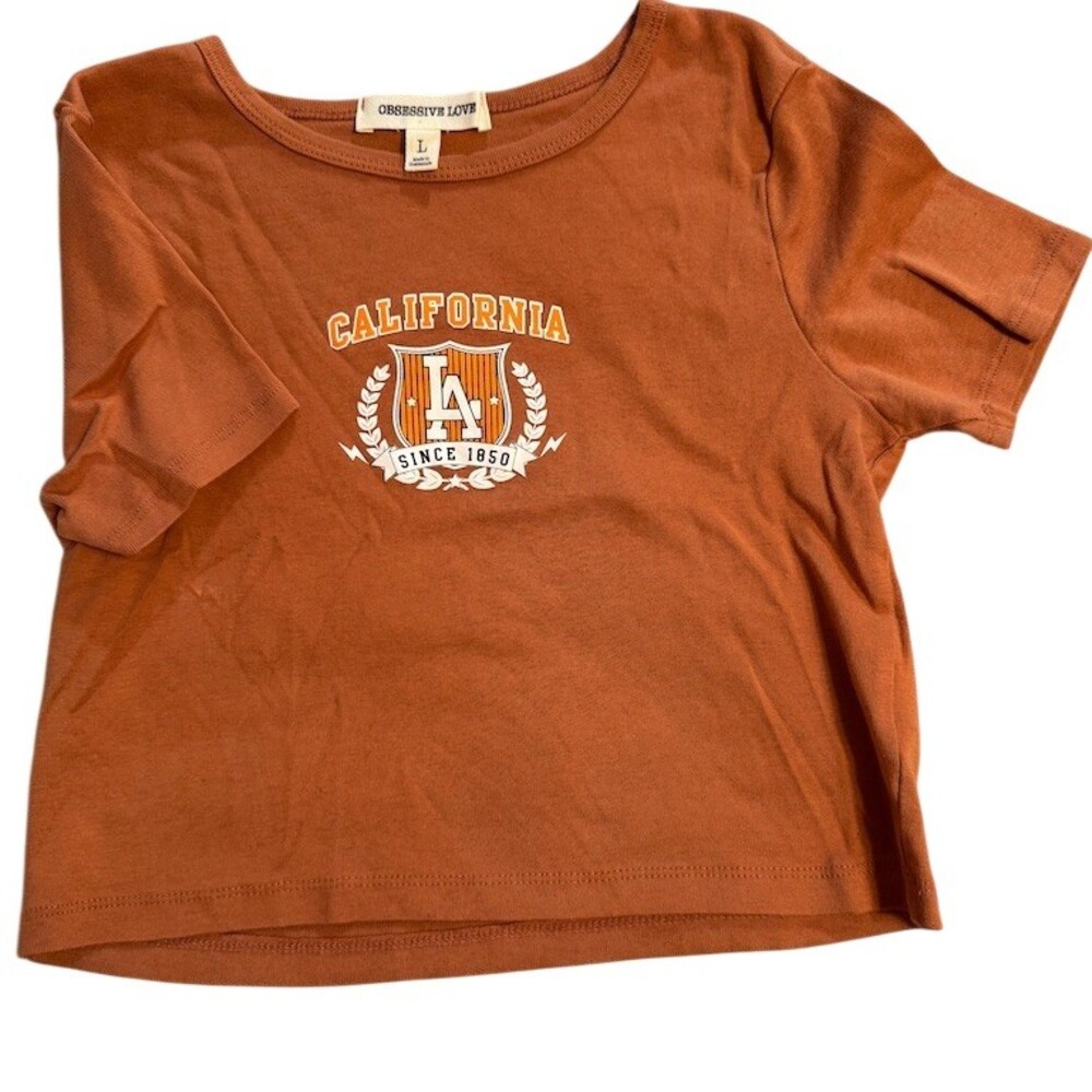 Obsessive Love T-Shirt Womens Size L Brown LA California Crest Graphic